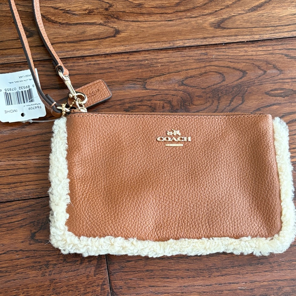Coach Brown Leather Wristlet with White Trim